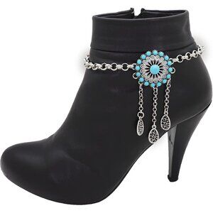 Women’s Western Boot Bracelet Silver Chain Turquoise Flower Adjustable for Boots